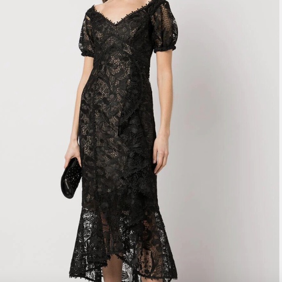 Marchesa Notte Black Off Shoulder Guipure Lace Dress
